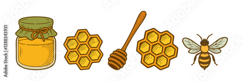 Illustration of honey jar, honeycomb, wooden spoon, and a bee, showcasing natural honey production and beekeeping.