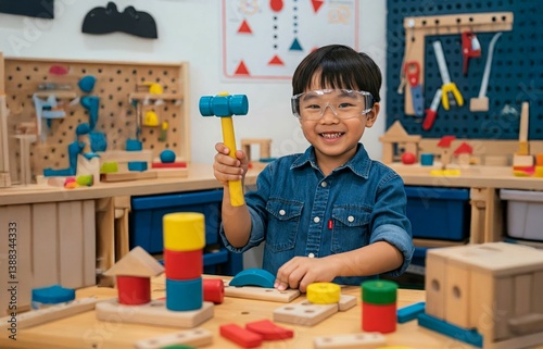 Smiling Asian boy in safety goggles holding toy hammer and playing with colorful wooden blocks at creative workshop. Concept of child development, educational toys, pretend play, DIY learning