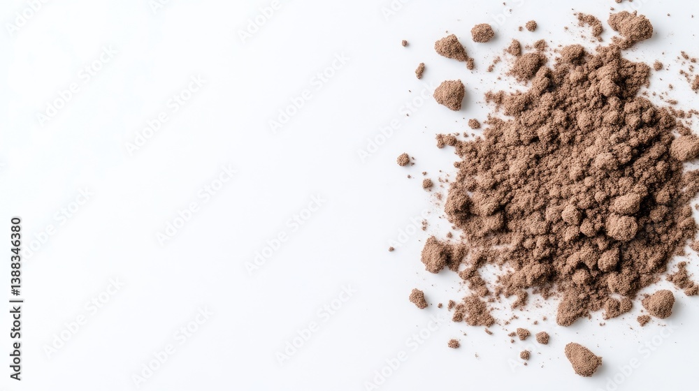 Cocoa Powder Pile on White Background Minimalist Style High-Resolution Photography Wide Angle Shot Textured Surface Display Food Product Photography Warm Brown Tones Ideal for Packaging Design
