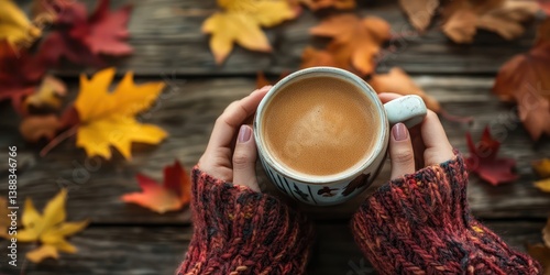 A person holding a coffee cup with a leaf on the table