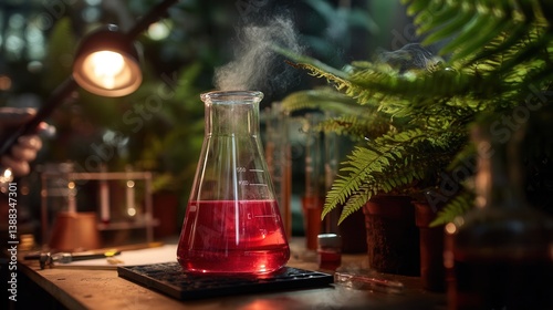 Mysterious chemical experiment with red liquid in laboratory greenhouse