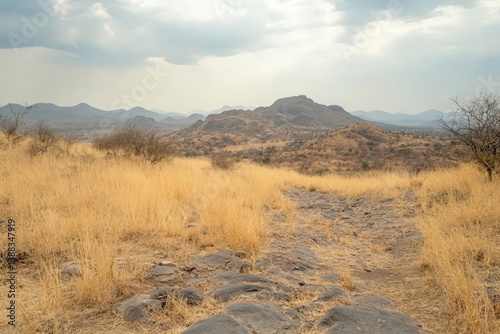Scenic Karst Plateau with Dry Grass and Rocky Terrain