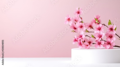 Pink cherry blossoms adorn a white cylindrical pedestal against a pale pink background. The image is clean and simple, with soft lighting. It has a delicate, feminine aesthetic. The color palette is