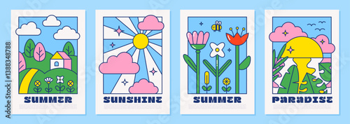 Set of colorful cartoon summer cards with nature scenes, flowers, sunshine, and sunset. Bright, cheerful flat design perfect for posters, greeting cards, or seasonal decoration. Trendy retro style.