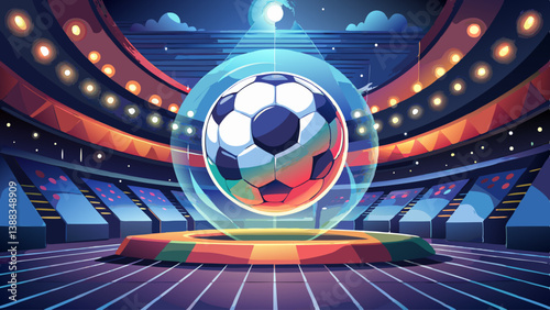 
Close up of a soccer ball in the center of the stadium illuminated by the headlights