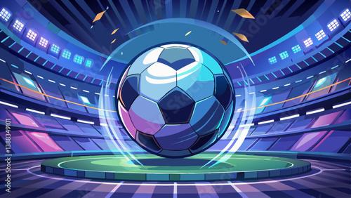 
Close up of a soccer ball in the center of the stadium illuminated by the headlights