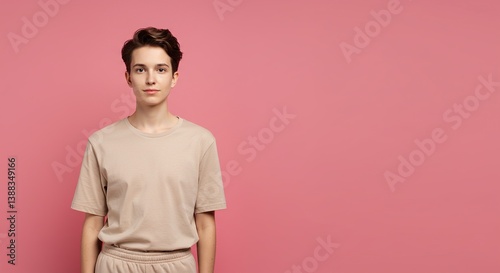 Wallpaper Mural Monochrome Minimalism: A Person in Beige Apparel Against a Pink Background - Perfect for Modern Art and Fashion Themes. Torontodigital.ca