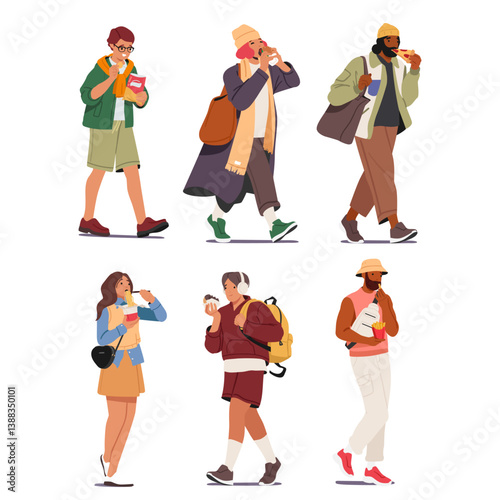 Teenage students and young people cartoon characters eating fast food on the go isolated set
