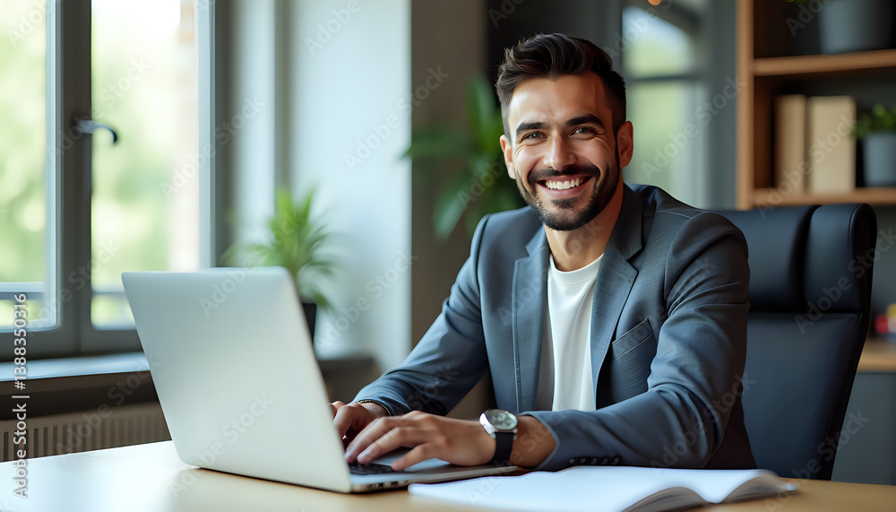Smiling Businessman Working on Laptop in Office Smiling Businessman Working on Laptop in Office