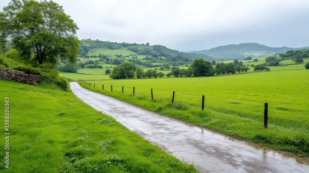 A wet country road winds through a verdant valley. Rolling green hills and scattered trees form the background. The image is high-resolution, showcasing detail in the landscape. Its style is natural A wet country road winds through a verdant valley. Rolling green hills and scattered trees form the background. The image is high-resolution, showcasing detail in the landscape. Its style is natural