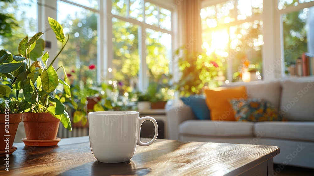 A close-up of an empty white ceramic coffee cup placed on a coffee table with a blurred living room interior in the background. A close-up of an empty white ceramic coffee cup placed on a coffee table with a blurred living room interior in the background.