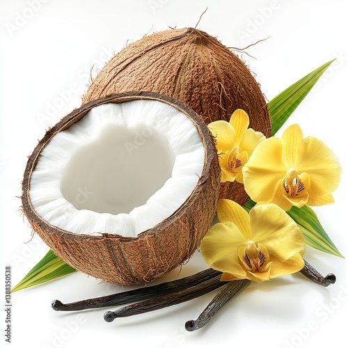 Coconuts with orchid and vanilla pods on isolated background.
