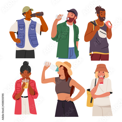 Young man and woman cartoon characters dinking different beverages for refreshment isolated set