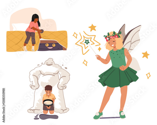 Small children cartoon characters dressed up pajamas or different costume dreaming isolated scene