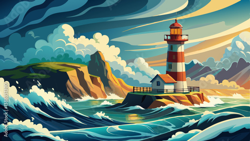 A lonely lighthouse stands tall amidst raging waves and heavy winds.
