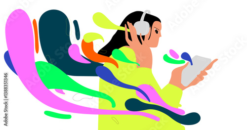 Young woman listening to music on mobile phone app with headphones. Modern girl enjoying favorite melody, audio track. Flat vector illustration isolated on white background