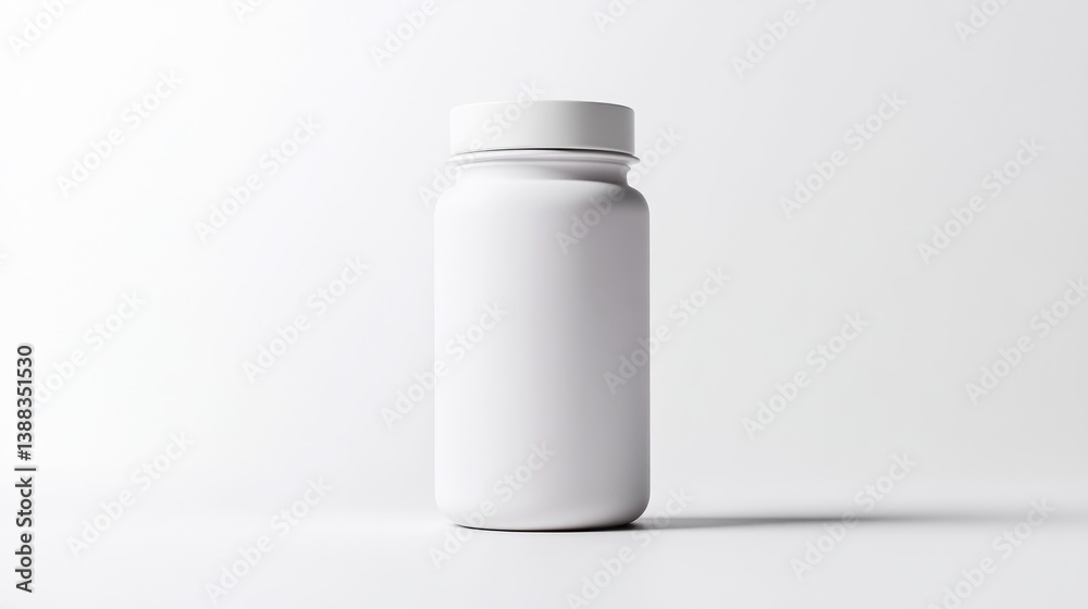 A white cylindrical pill bottle with a screw-on lid sits center frame against a bright white background. The image is simple, clean, and minimalist. High-quality resolution and even lighting create a A white cylindrical pill bottle with a screw-on lid sits center frame against a bright white background. The image is simple, clean, and minimalist. High-quality resolution and even lighting create a