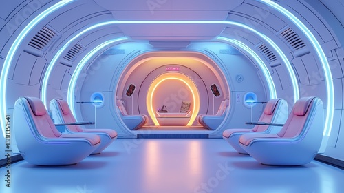 A high-tech podcast studio with futuristic chairs and wireless microphones, glowing with blue LED lighting for a modern, digital feel.