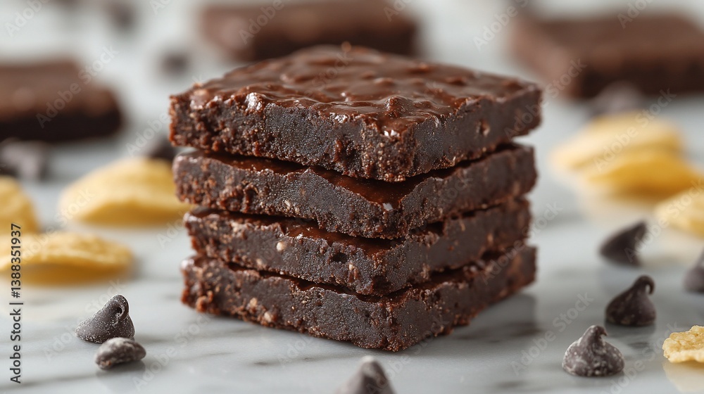 Stack of four delicious chocolate brownies on marble surface with chocolate chips and corn flakes. Stack of four delicious chocolate brownies on marble surface with chocolate chips and corn flakes.