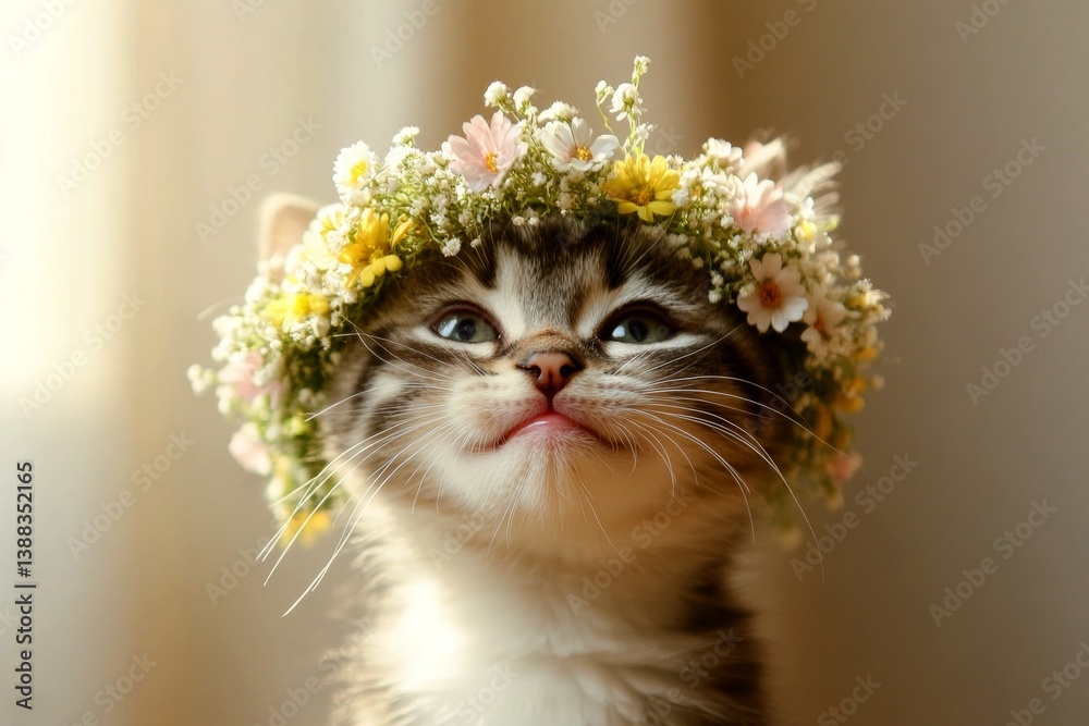 Fototapeta premium Cute baby cat american shorthair wearing free flower circlet on its head. Vacation time happiness. Sunny daylight. Kittenâ€™s outdoor fun with flowers. Smiling pet traveler in nature.