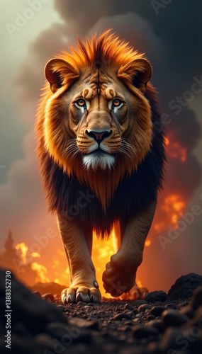 Wallpaper Mural Fiery lion emerging from smoke, epic scale, intense gaze, amber, magical, fantasy Torontodigital.ca