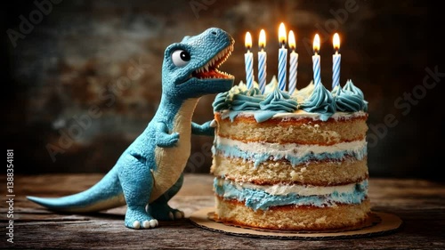 A dinosaur is standing next to a birthday cake with candles. The dinosaur is holding a cake knife and is ready to cut the cake