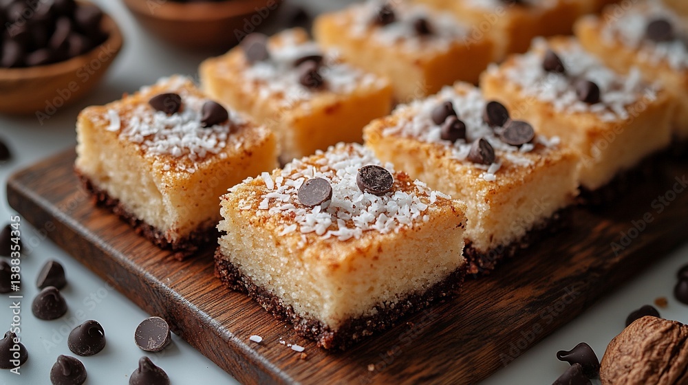 Delicious coconut and chocolate squares on wooden board. Delicious coconut and chocolate squares on wooden board.