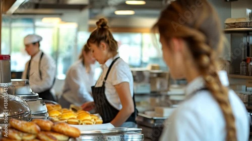 A woman with a smile on her face is standing in a kitchen. She is wearing an apron and a chef's hat