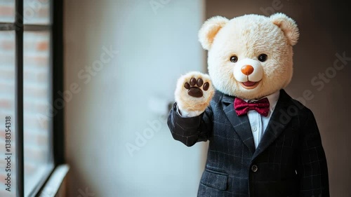 A teddy bear in a suit and tie is waving at the camera. The bear is wearing a red bow tie and a black jacket. The scene is playful and lighthearted, with the bear looking happy and friendly