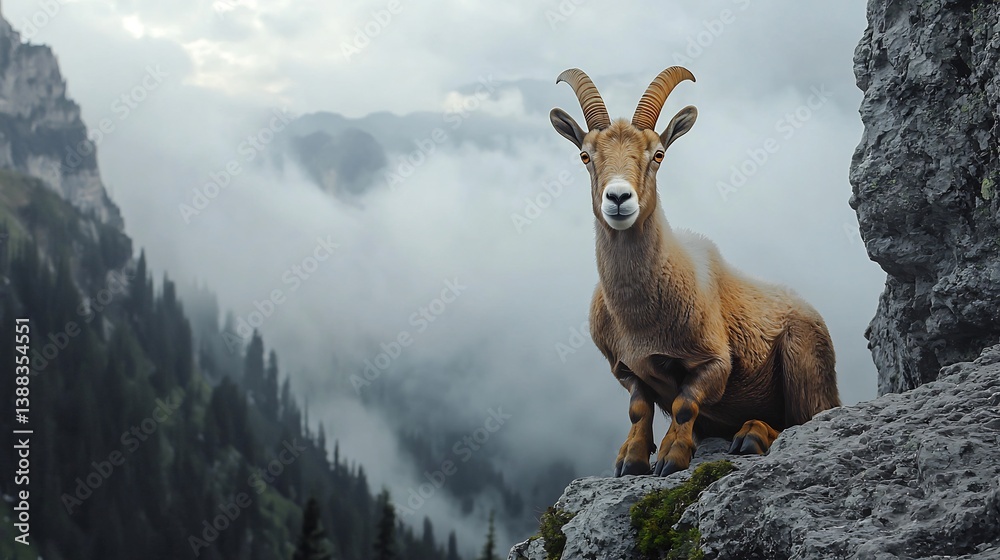 Obraz premium Mountain goats caramel colored horns focus perched on jagged gray cliff alpine mist backdrop