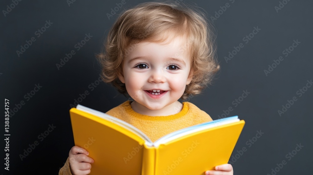 A toddler with curly blond hair smiles while holding a bright yellow book. The child is the focal point against a simple dark gray background. The image is well-lit and high-resolution, showing detai A toddler with curly blond hair smiles while holding a bright yellow book. The child is the focal point against a simple dark gray background. The image is well-lit and high-resolution, showing detai