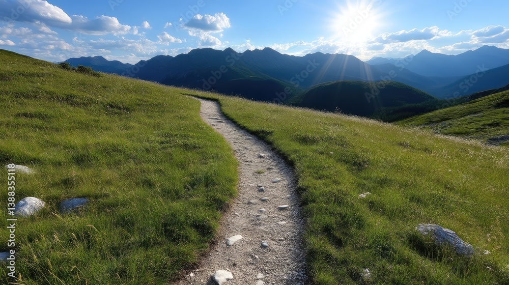 Scenic mountain path winding through grassy hills Scenic mountain path winding through grassy hills