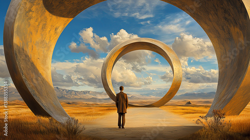 Man Contemplating Monumental Rings, Desert