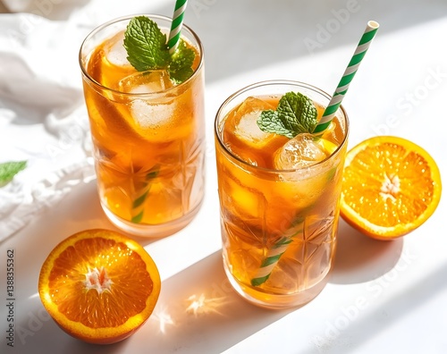 Refreshing iced tea with orange slices and mint (3) photo