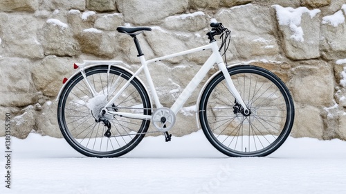 A white hybrid bicycle with black tires and fenders rests against a stone wall. The snow-covered ground is visible. The image is well-lit, showcasing crisp details. The style is clean and minimalis