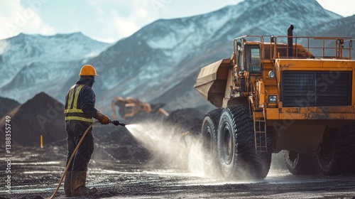 Worker Power Washing Heavy Equipment Truck at Mine Site in Winter
