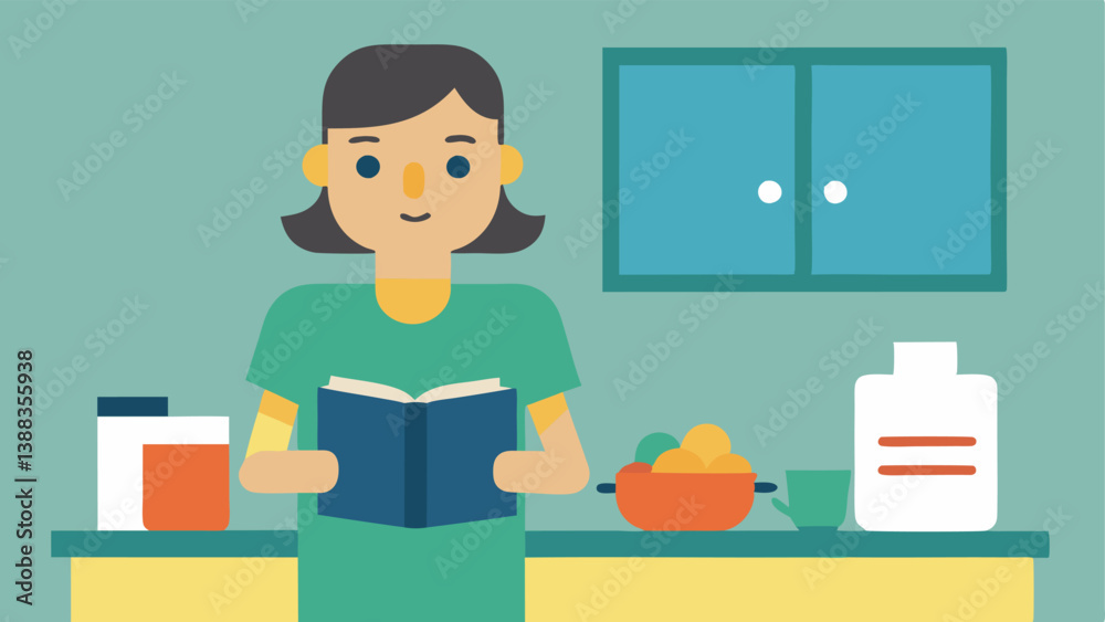 Cooking with Limited Ingredients A parent cooking a meal with minimal ingredients in a small kitchen looking at a recipe book with a pained expression.