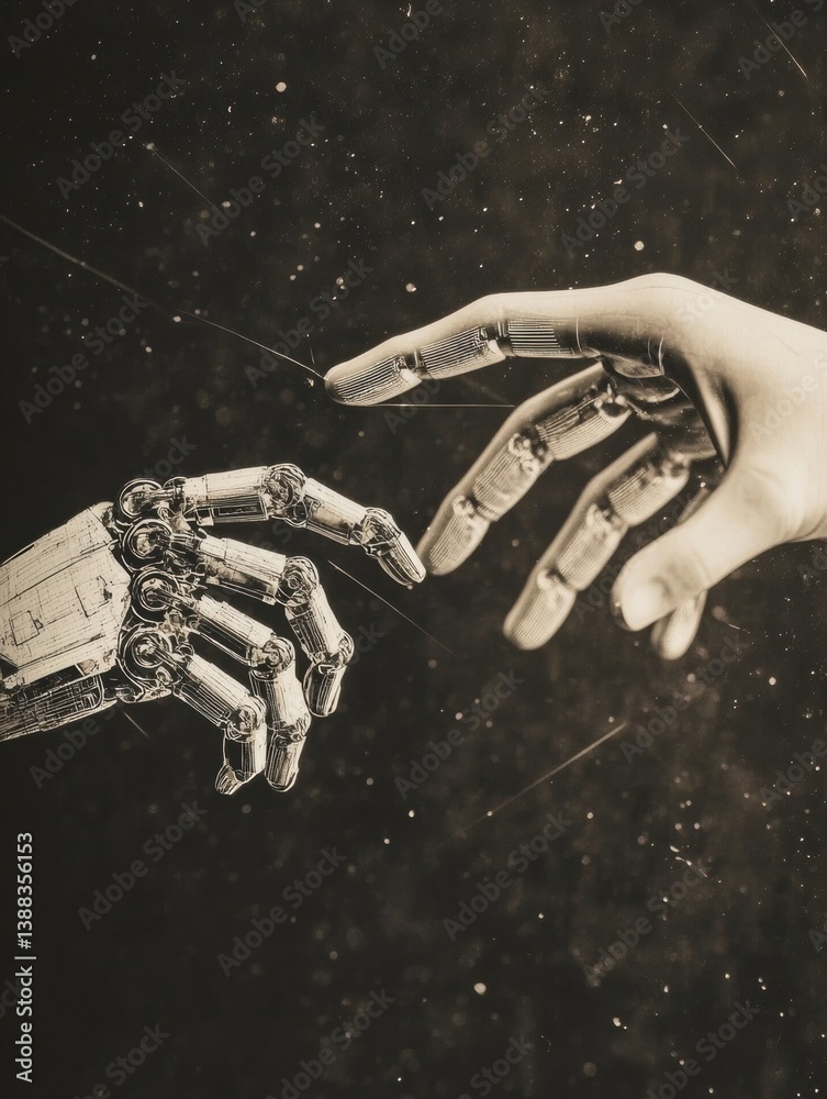 Collage of human and robot hands in a contest highlighting future technology and the relationship between humanity and artificial intelligence