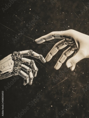 Obraz na płótnie Collage of human and robot hands in a contest highlighting future technology and the relationship between humanity and artificial intelligence w salonie