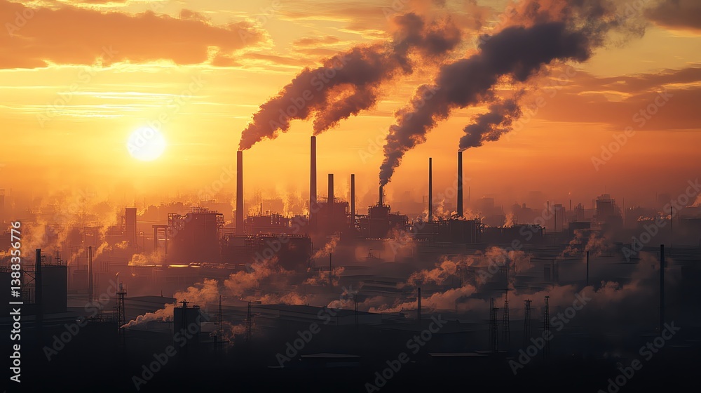 Industrial Plant Emitting Smoke at Sunset Showing Air Pollution Problem Industrial Plant Emitting Smoke at Sunset Showing Air Pollution Problem
