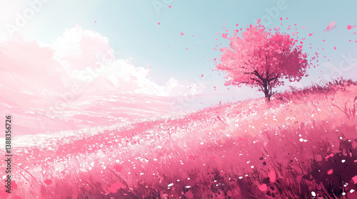 Fantasy Pink Tree on a Meadow with Blossoms in Pastel Landscape Art