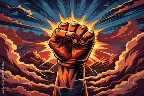 vector of A powerful image of a clenched fist raised in anger, against a backdrop of a stormy sky, suggests the turmoil of emotion. The light that illuminates the fist creates a dramatic