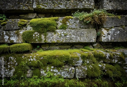 A stone wall covered in moss and lichen.