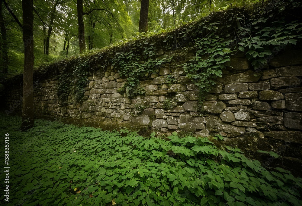 Fototapeta premium A stone wall in the middle of a lush green forest.