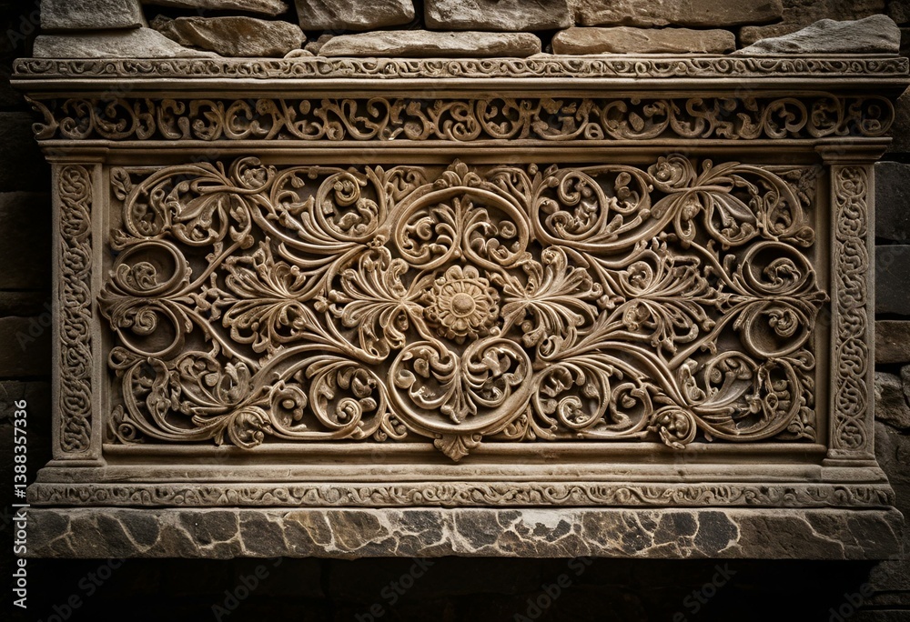 A stone wall with a decorative design on it. A stone wall with a decorative design on it.