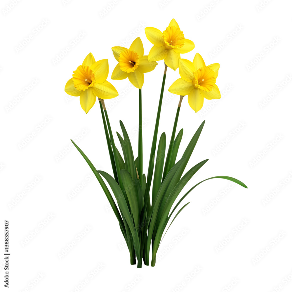 A 3D Daffodil Plant with Bright Yellow Flowers Isolated on Transparent Background A 3D Daffodil Plant with Bright Yellow Flowers Isolated on Transparent Background