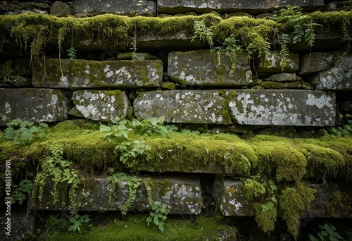 A stone wall with moss growing on it.