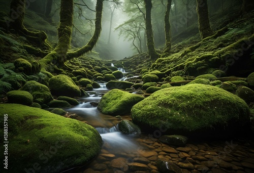 A stream running through a lush green forest filled with moss.