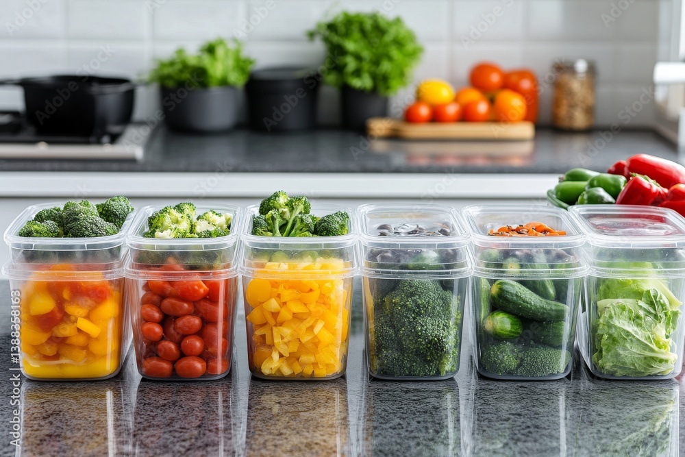 Fresh vegetables and fruits in clear containers on modern kitchen counter Fresh vegetables and fruits in clear containers on modern kitchen counter