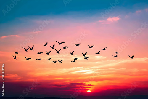 A flock of birds soaring across a vibrant sunset sky photo